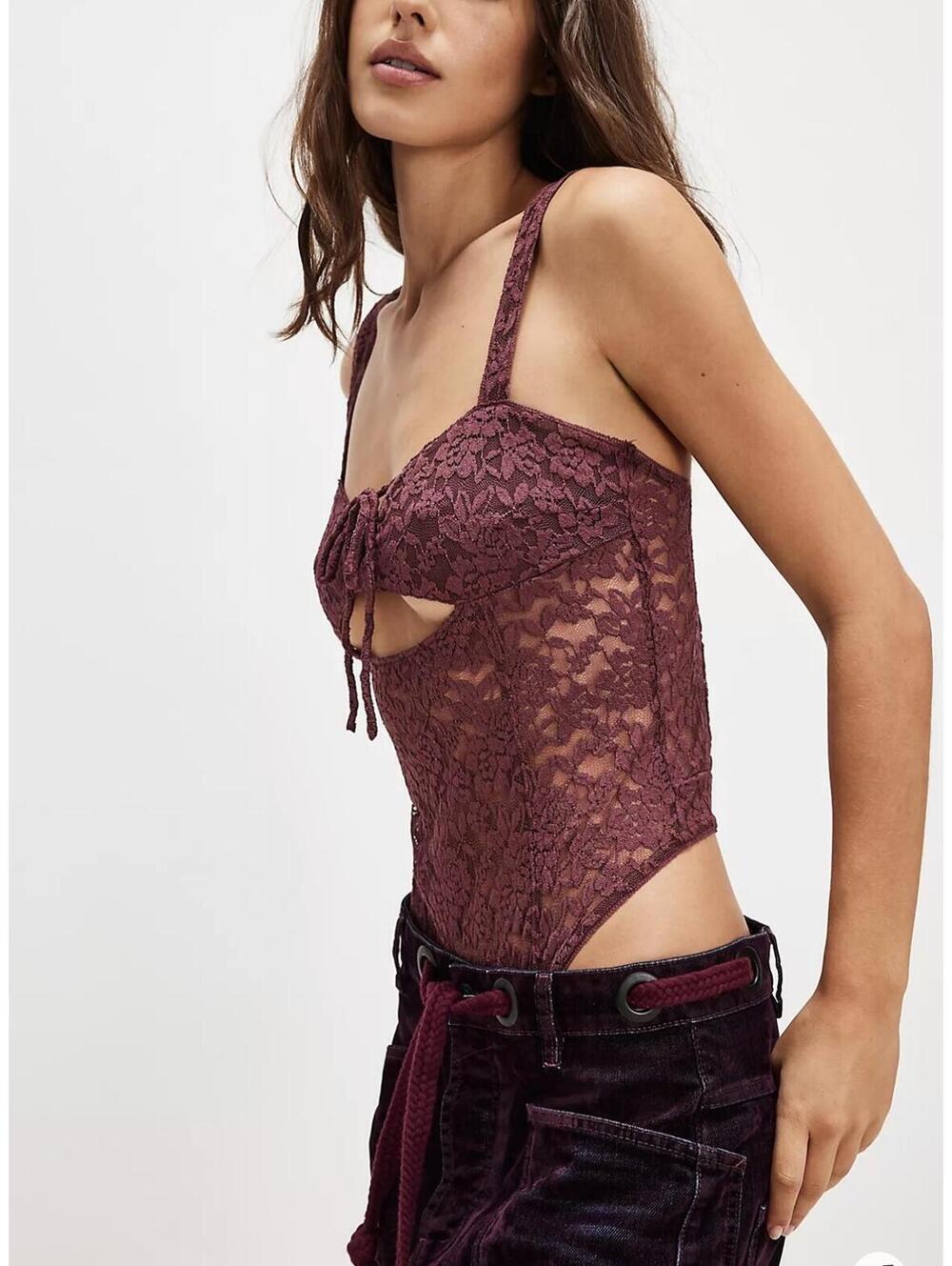 Free People Intimately Strike A Pose Burgundy Red Lace Body Suit - Women's L NWT